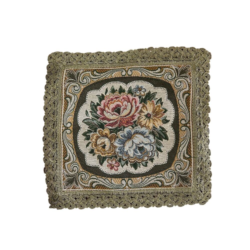 Floral Tapestry Decorative Mat Doily 8” Ornate Green Trim Victorian Cottage